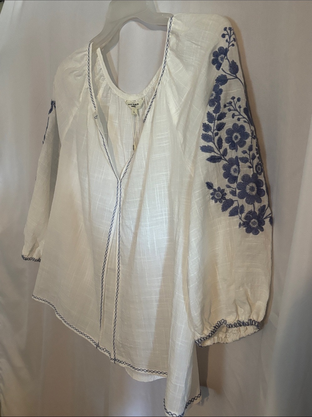 Max Studio White Peasant Blouse with Blue Floral Sleeve Embroidery - Picture 7 of 13